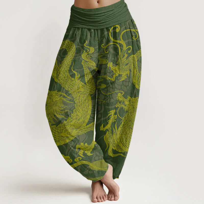 Buddha Stones Cotton Dragon Auspicious Clouds Women's Elastic Waist Harem Pants