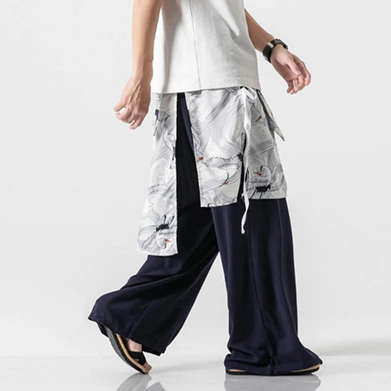 Buddha Stones Summer Flying Crane Design Cotton Men's Wide Leg Pants With Pockets