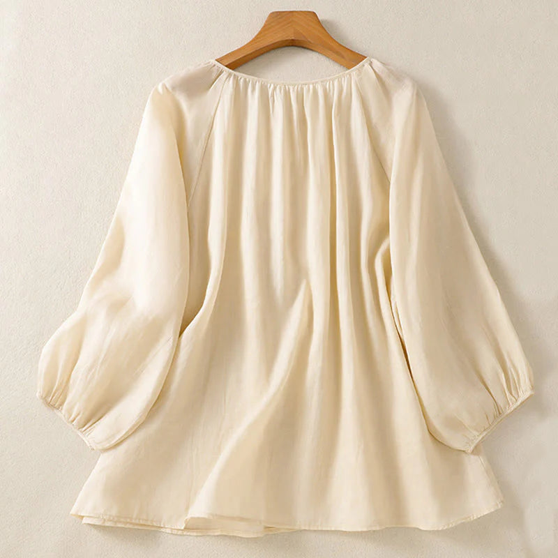 Buddha Stones Plain Button Crew Neck Three Quarter Sleeve Women's Cotton Shirt