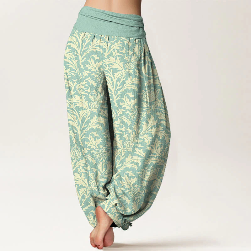 Buddha Stones Cotton Flowers Buds Serrated Leaves Pattern Women's Elastic Waist Harem Pants