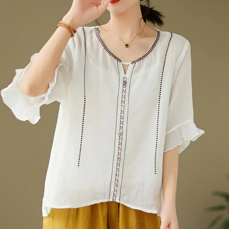 Buddha Stones Embroidery Buttons Crew Neck Flared Short Sleeve Women's Shirt