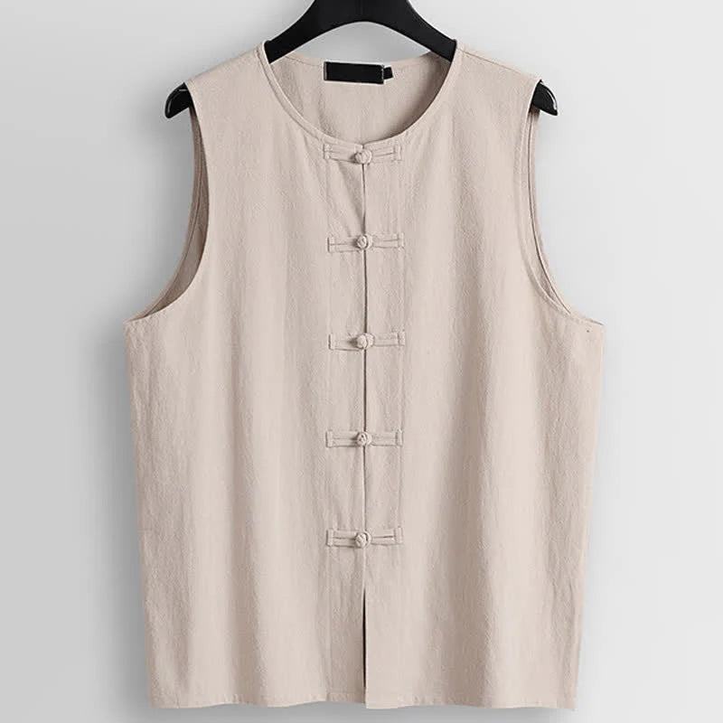 Buddha Stones Retro Frog-Button Crew Neck Men's Cotton Linen Sleeveless Vest
