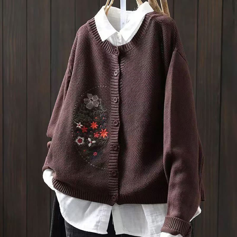 Buddha Stones Floral Embroidery Buttons Cotton Women's Long Sleeve Knitted Cardigan Sweater