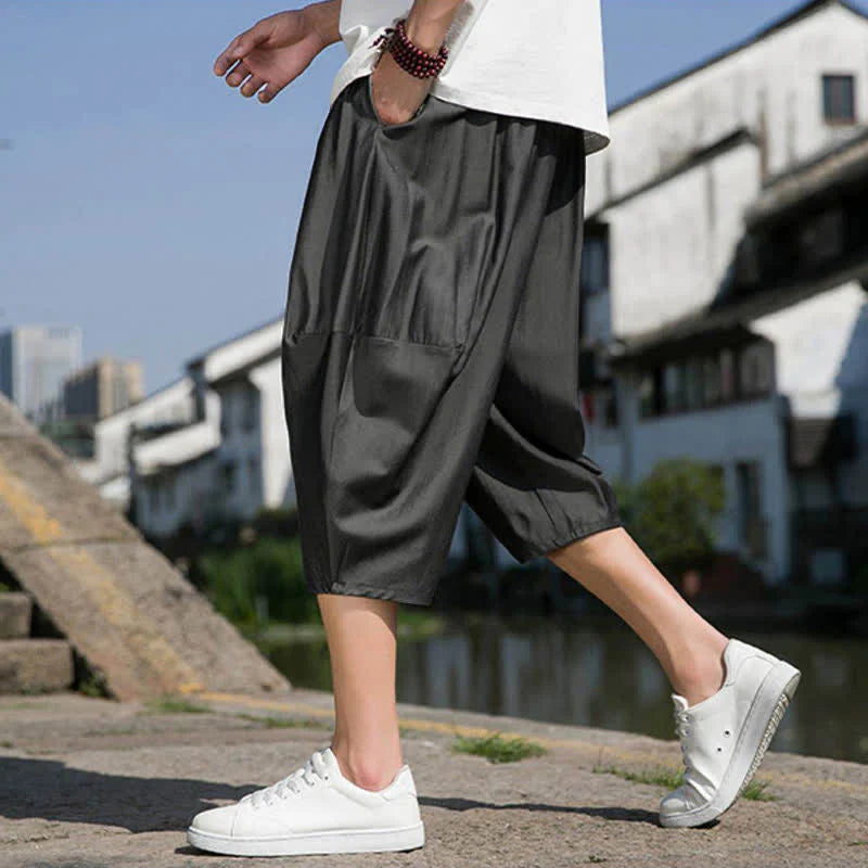 Buddha Stones Summer Elastic Waist Drawstring Solid Color Half Men's Tapered Pants With Pockets