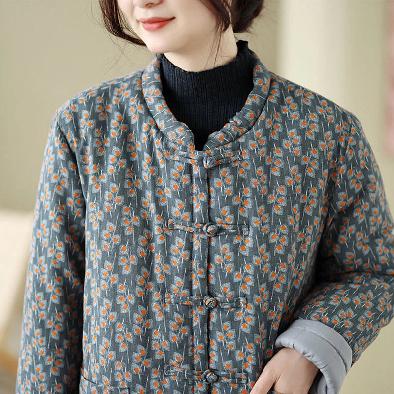 Buddha Stones Winter Frog-button Floral Long Sleeve Women's Thickened Cotton Jacket With Pockets