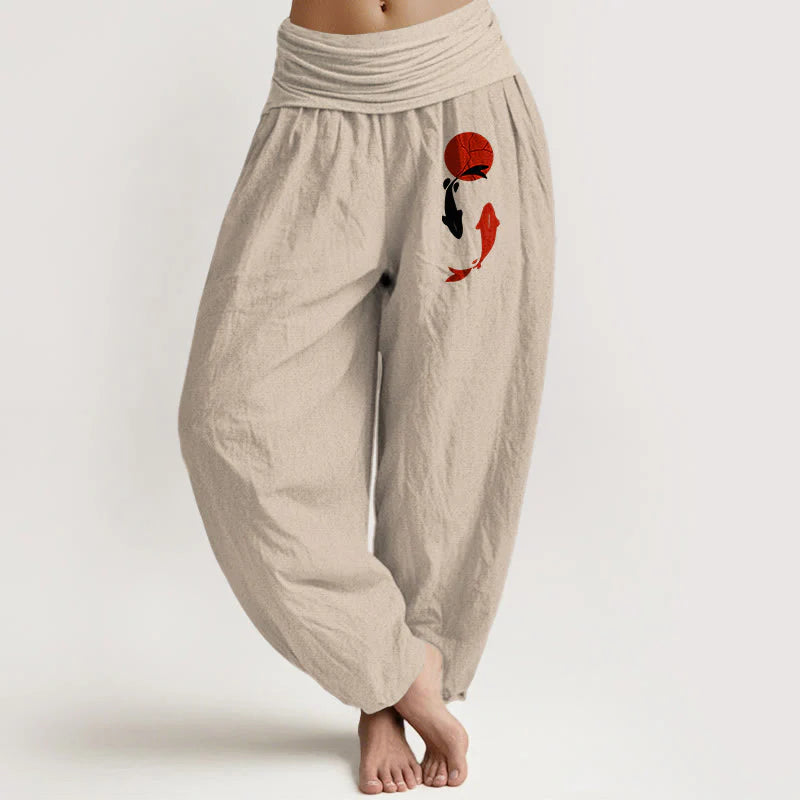 Buddha Stones Koi Fish Red Sun Pattern Pure Cotton Women's Elastic Waist Harem Pants