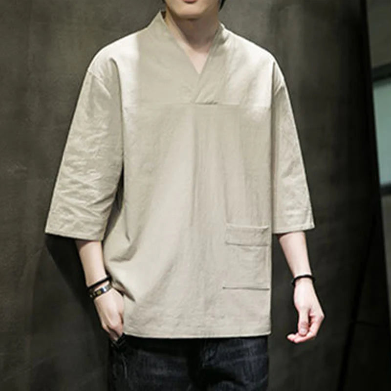 Buddha Stones Summer Casual Simple V-Neck Design Men's Cotton Linen Three Quarter Sleeve T-Shirt With Front Pocket