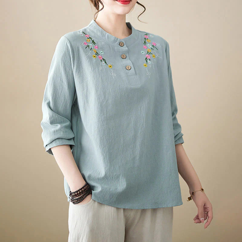Buddha Stones Women's Spring Embroidered Flower Pattern Stand Collar Long Sleeve Cotton Shirt