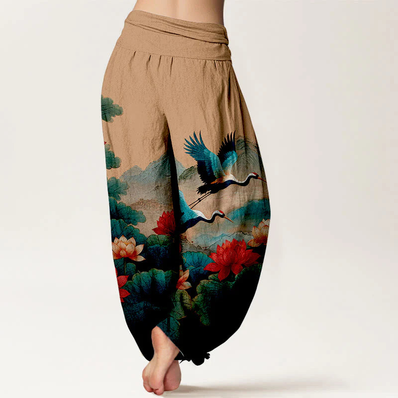 Buddha Stones Cotton Classical Lotus Flower Leaf Crane Mountain Pattern Women's Elastic Waist Harem Pants