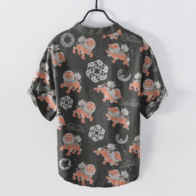 Buddha Stones Cotton Lion Waves Cloud Men's Short Sleeve Shirt Lightweight Resort Boxy Fit