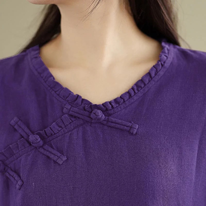 Buddha Stones Spring V-Neck Frog-Button Long Sleeve Plain Women's Cotton Shirt