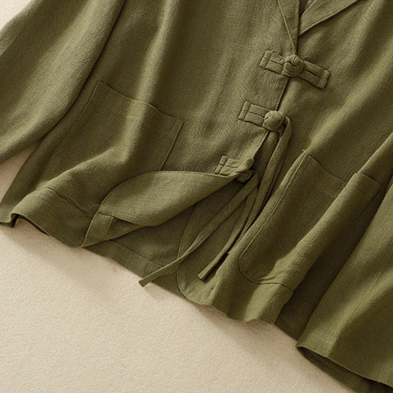 Buddha Stones Women's Cotton Linen Frog-Button Long Sleeve Jacket With Pockets