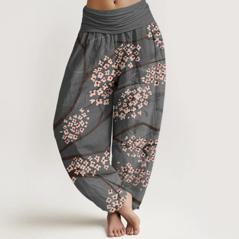 Buddha Stones Cotton Casual Plum Blossom Branch Pattern Women's Elastic Waist Harem Pants
