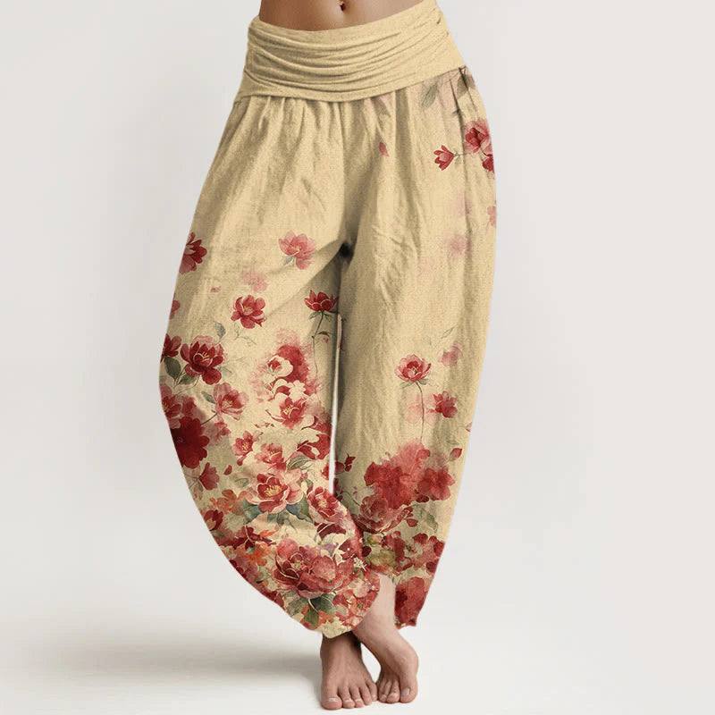 Buddha Stones Cotton Camellia Peony Blossom Pattern Women's Elastic Waist Harem Pants