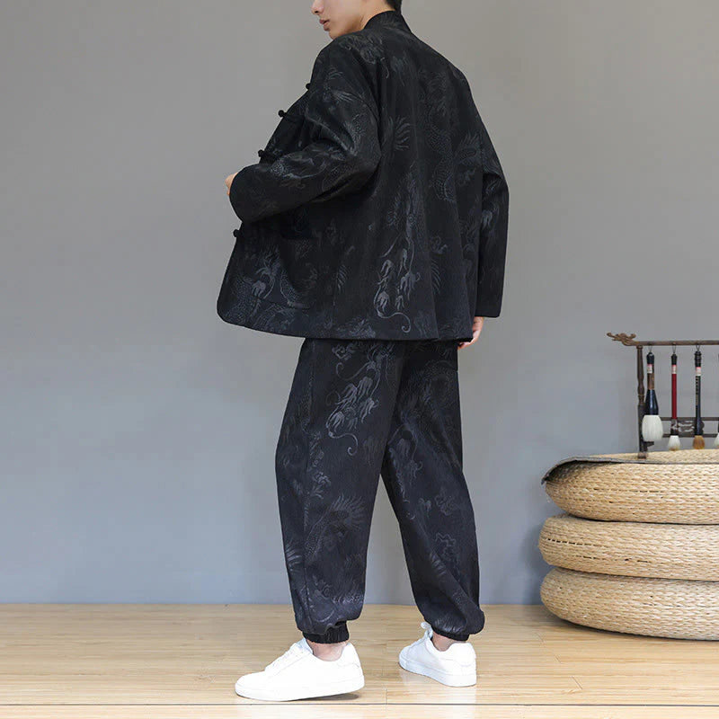 Buddha Stones 2Pcs Fall Winter Men's Tang Suit Dragon Frog-Button Cotton Corduroy Long Sleeve Jacket Pants Set With Pockets