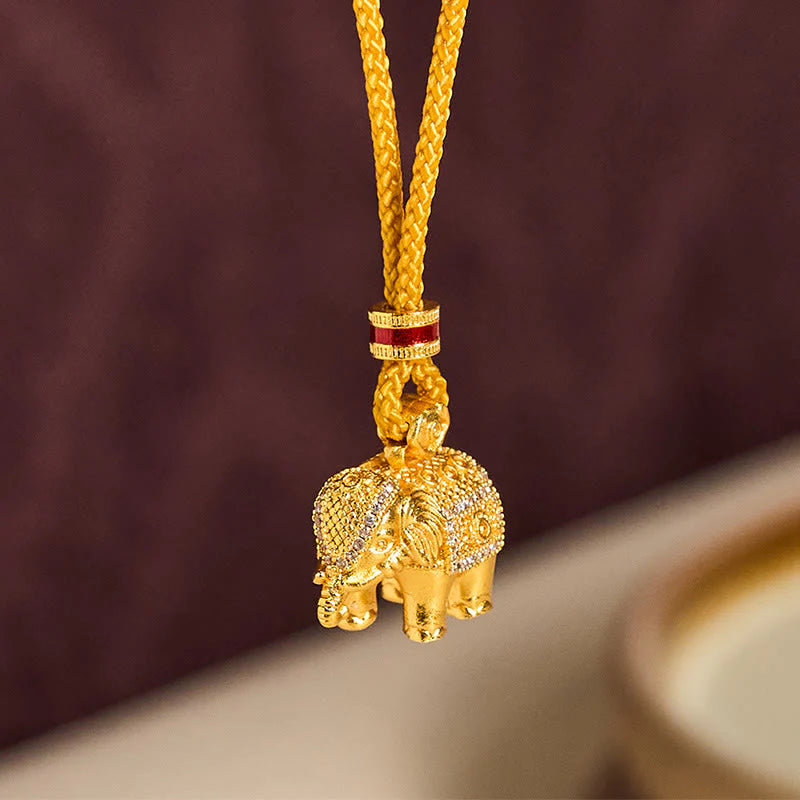 Buddha Stones 24k Gold Plated Brass Elephant Charm Strength Rope Necklace Pendant