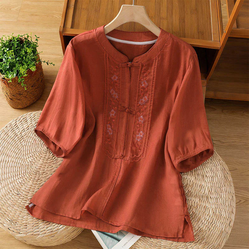 Buddha Stones Frog-button Stand Collar Embroidered Flower Elastic Cuff Three Quarter Sleeve Women's Shirt