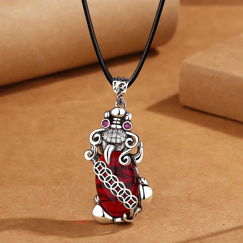 Buddha Stones PiXiu Garnet Copper Coin Wealth Luck Necklace Pendant