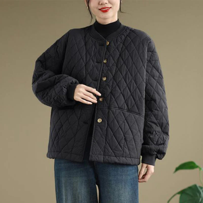 Buddha Stones Diamond Grid Pattern Women's Long Sleeve Cotton Thickened Jacket With Pockets