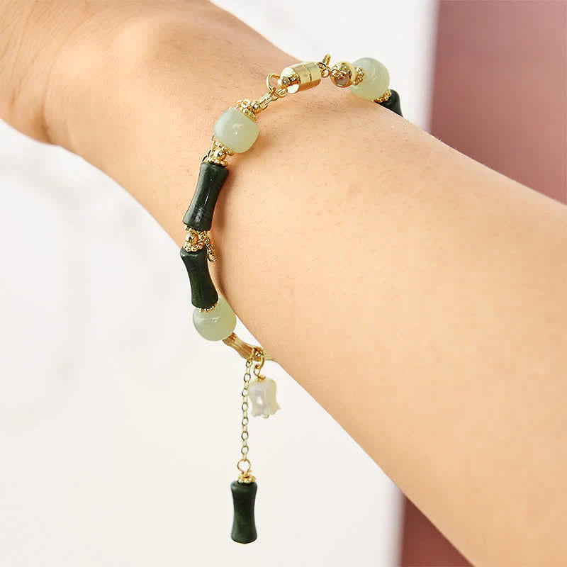 Buddha Stones Hetian Jade Peridot Bamboo Lily Of The Valley Wealth Faithfulness Adjustable Bracelet