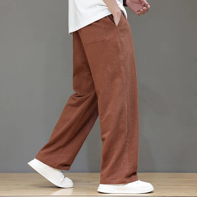 Buddha Stones Summer Men's Cotton Linen Straight Leg Pants With Pockets