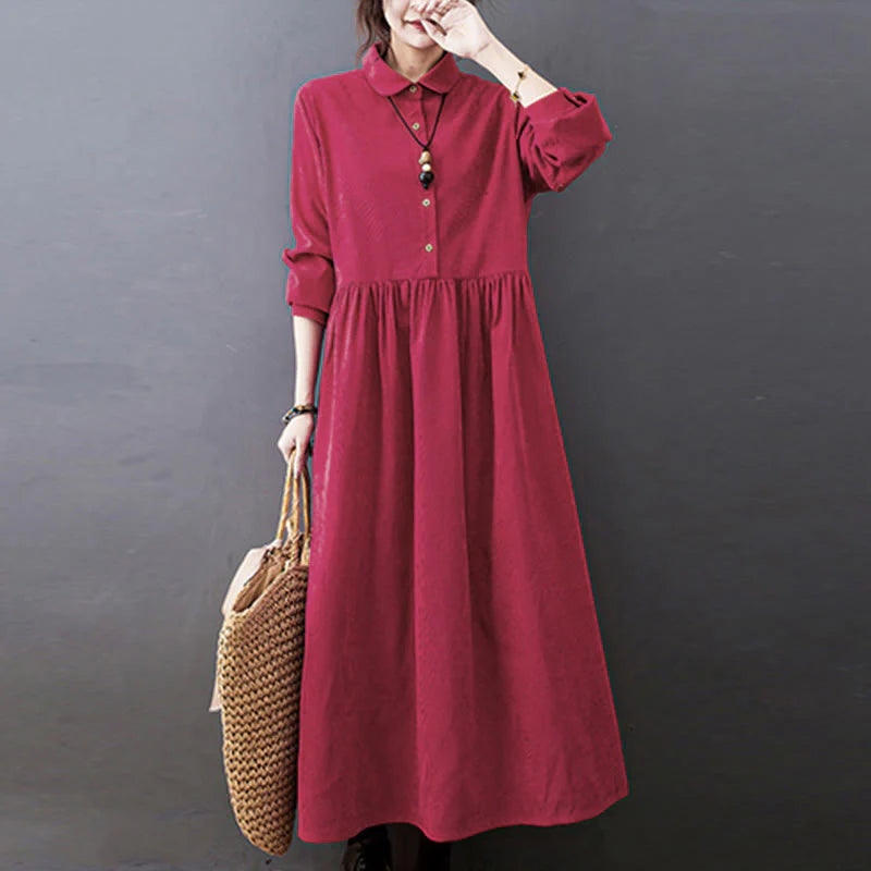 Buddha Stones Fall Buttons Design Long Sleeve Cotton Corduroy Midi Dress With Pockets