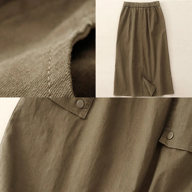 Buddha Stones Vintage Plain Drawstring Button Design Slide Slite Women's Cotton Linen 7-8 Length Skirt With Pockets