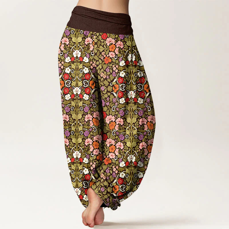 Buddha Stones Cotton Softly Colored Flower Leaf Pattern Women's Elastic Waist Harem Pants