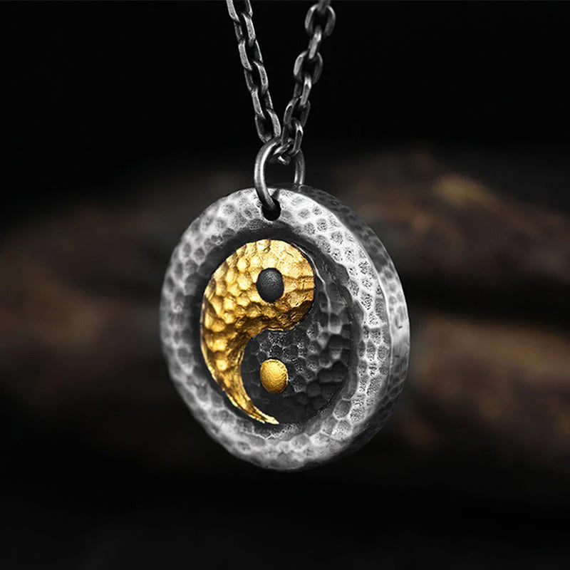 Buddha Stones 999 Sterling Silver 999 Gold Yin Yang Balance Titanium Steel Chain Necklace Pendant