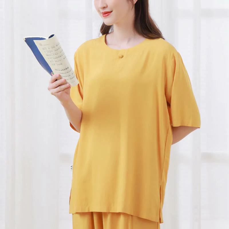 Buddha Stones 2pcs Plain Color Frog-Button Simple Design Crew Neck Design Half Sleeve Shirt Top Elastic Waist Pants Meditation Zen Tai Chi Cotton Clothing Women's Set