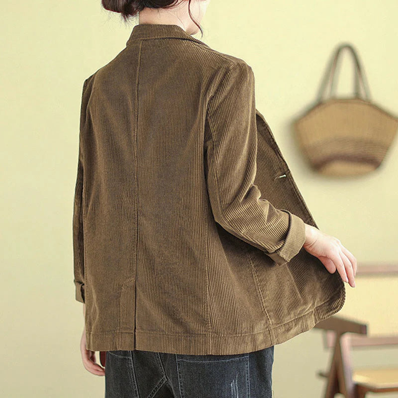 Buddha Stones Retro Plain Women's Long Sleeve Corduroy Jacket With Pockets