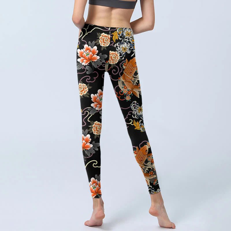Buddha Stones Koi Fish Peony Chrysanthemum Clouds Pattern Print Gym Leggings Women's Yoga Pants