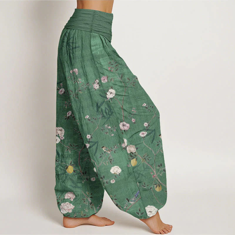 Buddha Stones Pure Cotton Pink White Flowers Bamboo Leaves Fruits Design Women's Elastic Waist Harem Pants