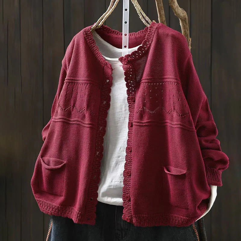 Buddha Stones Fall Lace Buttons Cotton Women's Long Sleeve Knitted Cardigan Sweater With Pockets