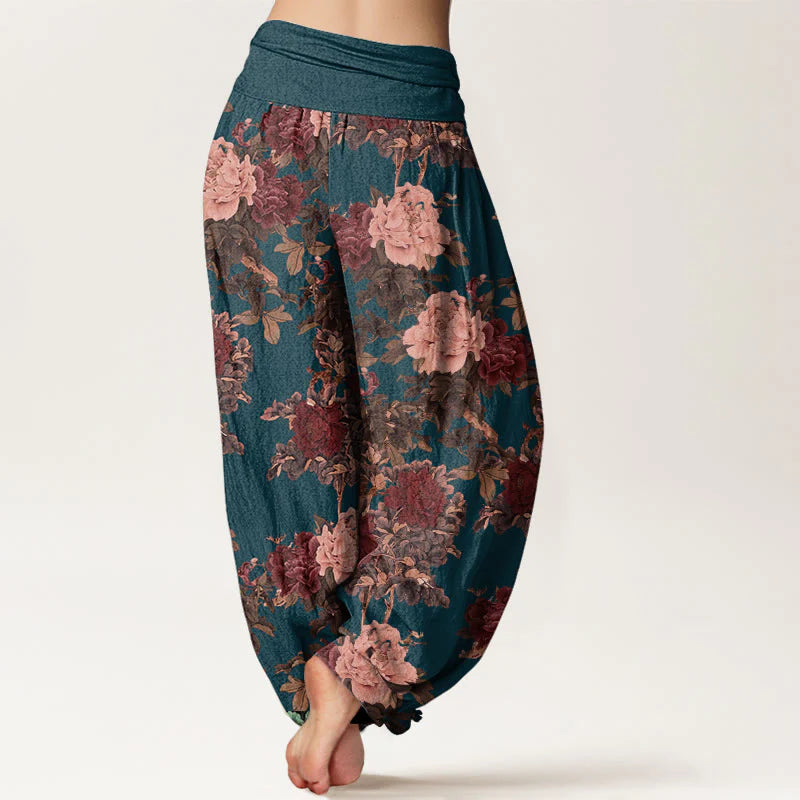 Buddha Stones Cotton Casual Lush Peony Flowers Leaf Pattern Women's Elastic Waist Harem Pants