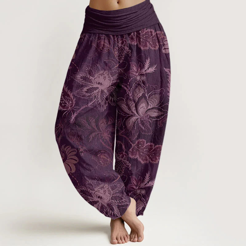 Buddha Stones Cotton Casual Floral Leaves Women's Elastic Waist Harem Pants