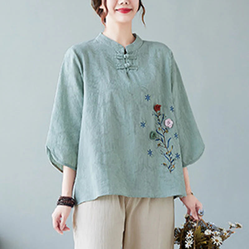 Buddha Stones Vintage Summer Stereoscopic Flower Embroidery Three Quarter Sleeve Frog-Button Cotton Linen Women's Shirt