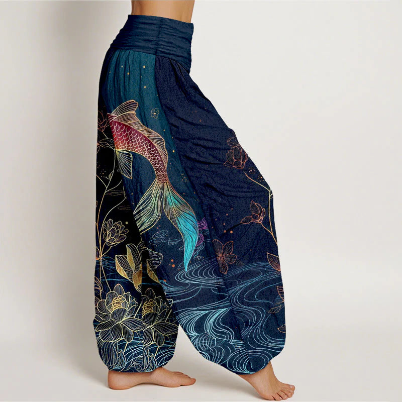 Buddha Stones Lotus Koi Fish Pattern Women's Elastic Waist Pure Cotton Harem Pants