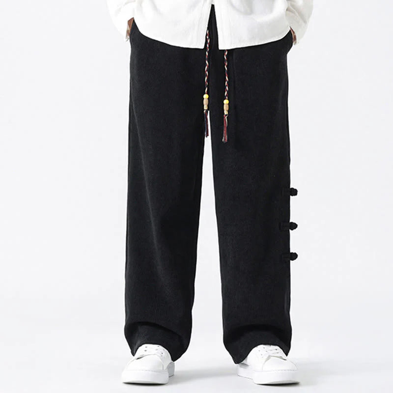 Buddha Stones Fall Solid Frog-Button Men's Drawstring Corduroy Straight Leg Pants With Pockets