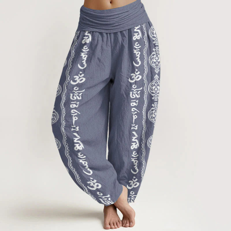 Buddha Stones Pure Cotton Mandala Om Mani Padme Hum Women's Elastic Waist Harem Pants