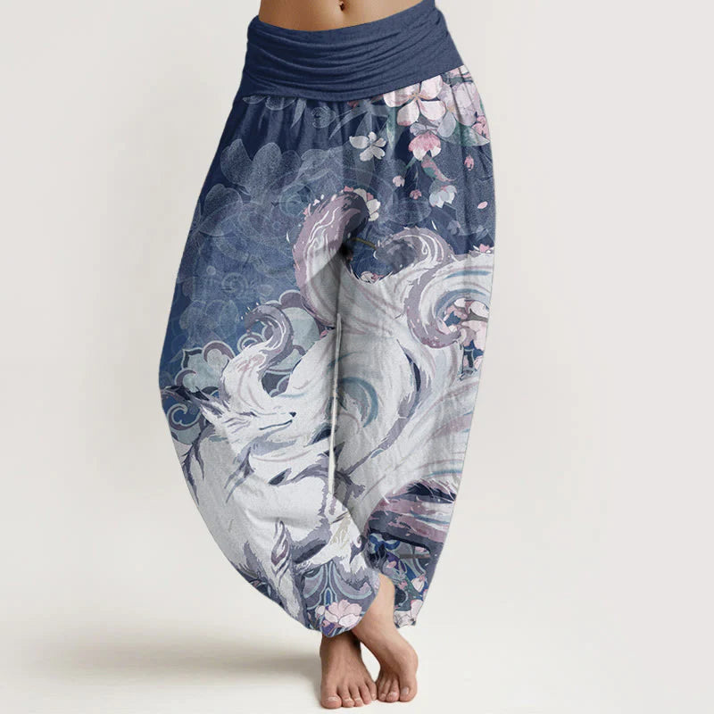 Buddha Stones Cotton Fox Cherry Blossoms Women's Elastic Waist Harem Pants