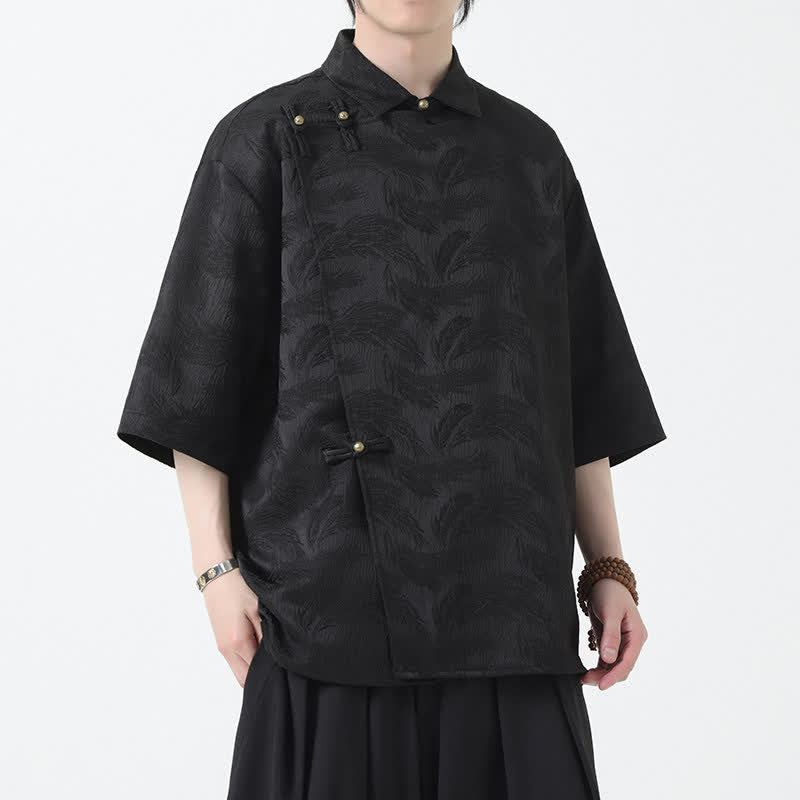 Buddha Stones Summer Mandarin Collar Textured Jacquard Men's Elbow Sleeve Shirt