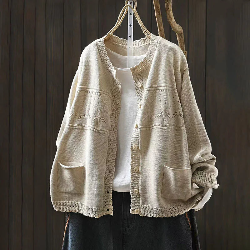 Buddha Stones Fall Lace Buttons Cotton Women's Long Sleeve Knitted Cardigan Sweater With Pockets