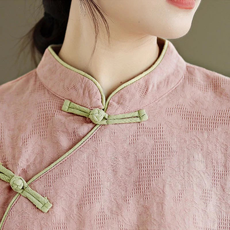 Buddha Stones Spring Traditional Floral Frog-Button Stand Collar Long Sleeve Women's Cotton Shirt
