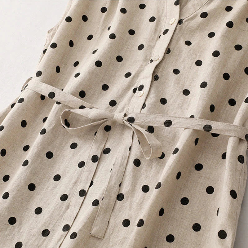 Buddha Stones Summer Polka Dot V-Neck Lace-up Cotton Linen Women's Midi Dress With Pockets