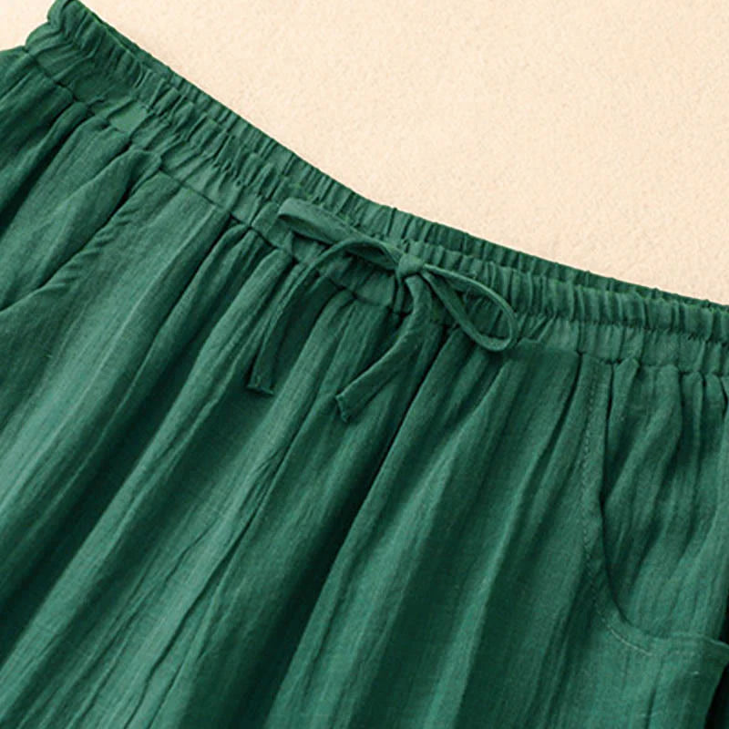 Buddha Stones Spring Pure Color Drawstring Double Layer Women's Wide Leg Pants With Pockets