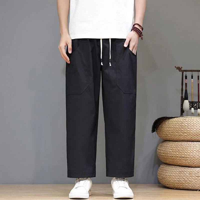 Buddha Stones Summer Solid Color Drawstring Straight Leg 7-8 Length Men's Pants With Pockets