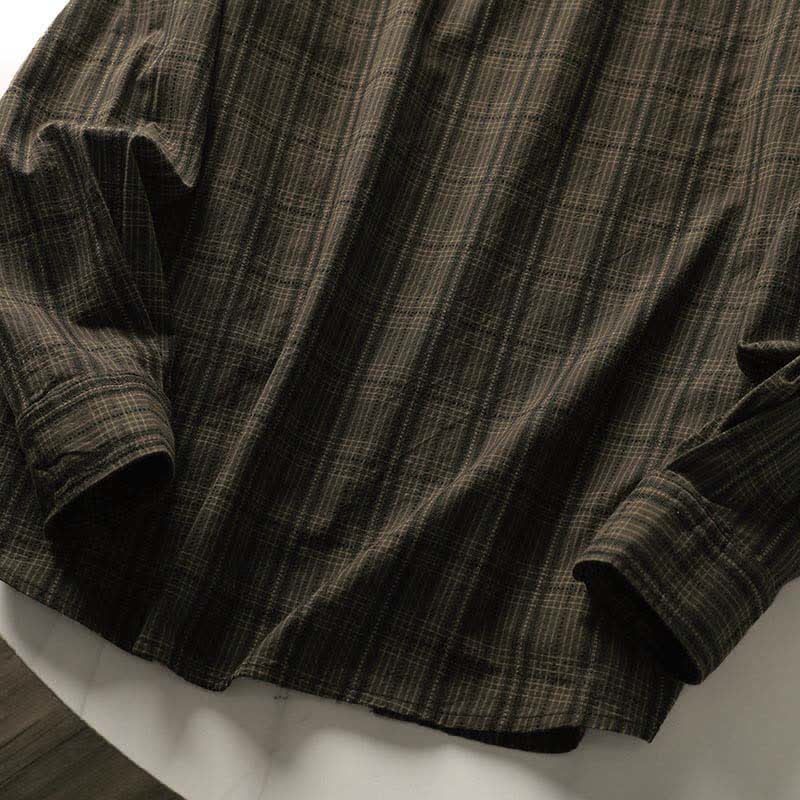 Buddha Stones Fall Commute Embroidery Plaid Pattern Men's Cotton Long Sleeve Shirts With Pocket