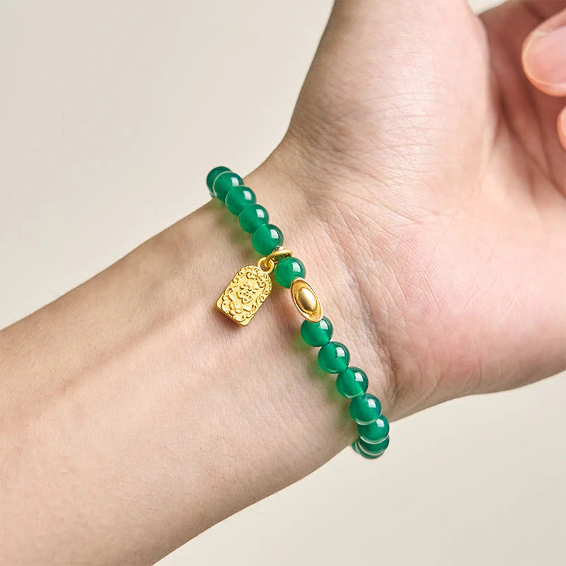 Buddha Stones Green Agate Ingot Fu Character Relaxation Hope Bracelet