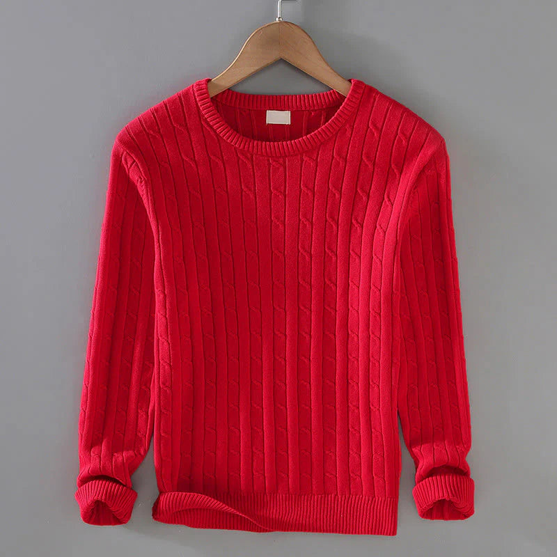 Buddha Stones Cable Knit Design Men's Crew Neck Long Sleeve Pure Cotton Sweater